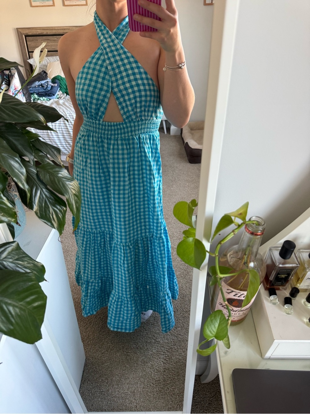 Hello Molly maxi dress plaid Blue Gingham Halter dress wedding guest dress - Picture 3 of 3